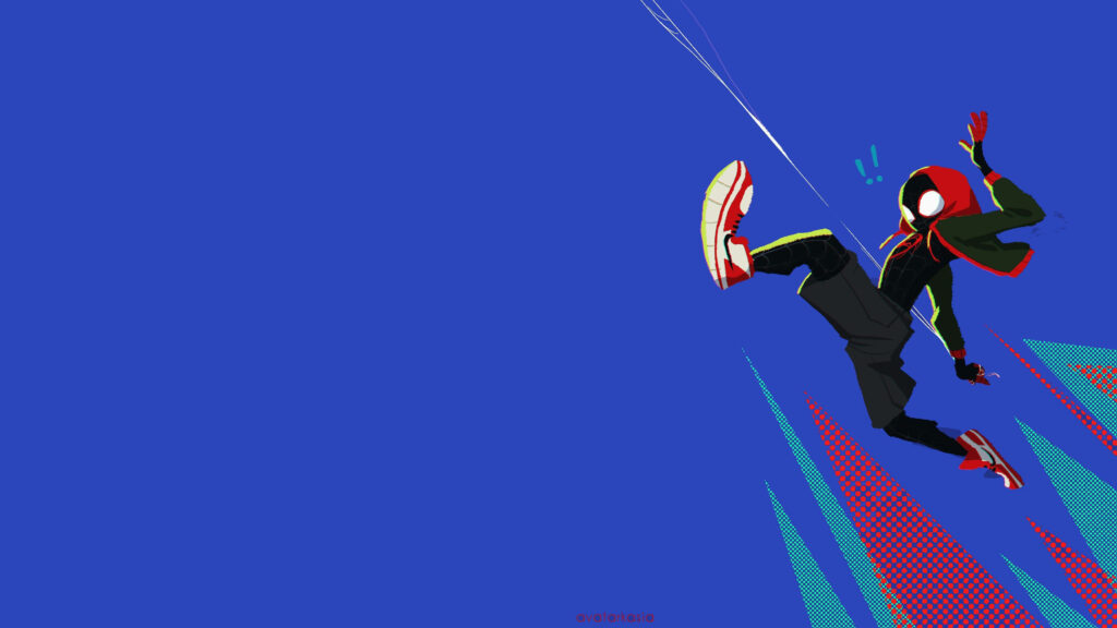 Miles Morales Spider-Man Swinging Wallpaper on Blue Background