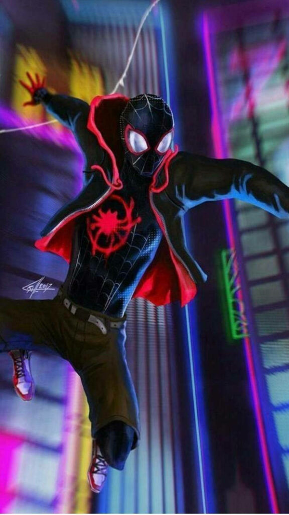 Miles Morales Soars Above a Vibrant Urban Enclave Wallpaper