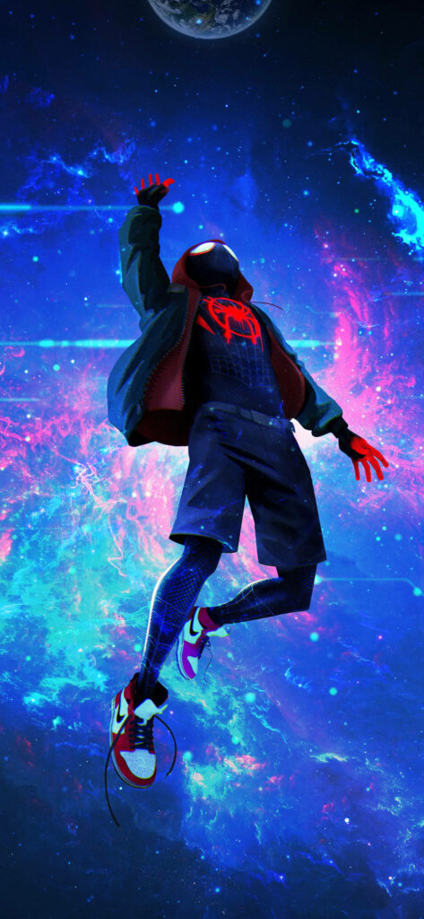 Miles Morales as Spider-Man in Cosmic Space Wallpaper - Heroic Pose in Iconic Suit Ready for Action