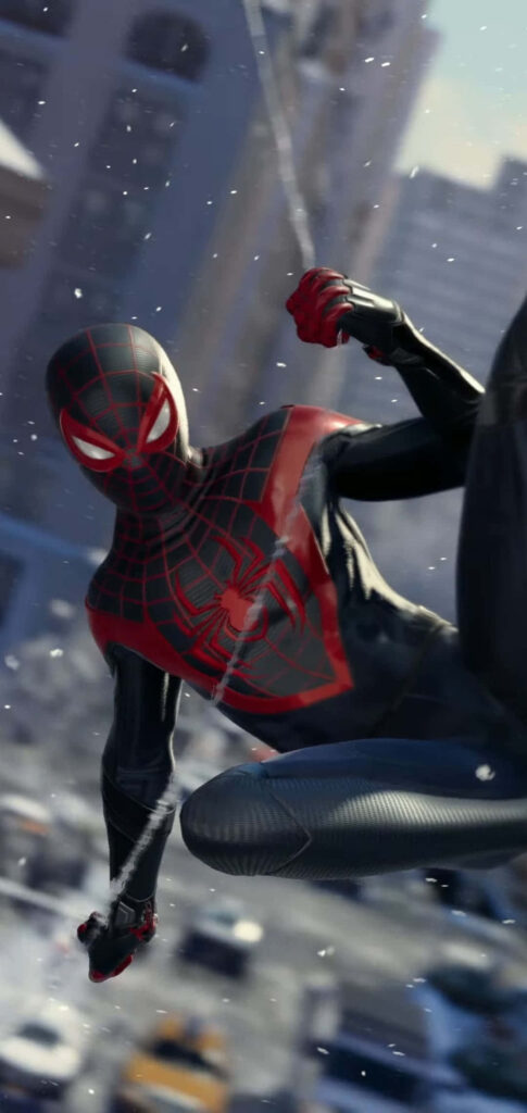 The Tech-Savvy Spider-Man: Miles Morales Armed with his iPhone, Ready to Defend New York City Wallpaper