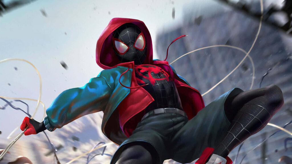 Miles Morales Spider-Man Action Pose Wallpaper - Urban Battle Backdrop