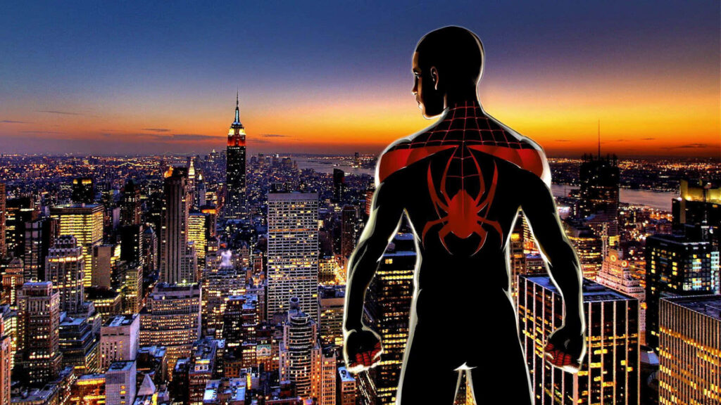 The Revolutionary Rendition: Miles Morales, the Unyielding Afro-Latino Spiderman, Embraces his Heroic Destiny amidst a Vibrant Backdrop Wallpaper in 1080p Full HD 1920x1080 Resolution