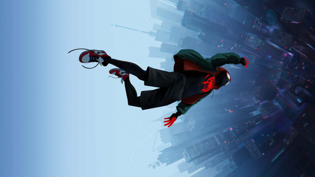 Miles Morales free-falling through vibrant Spider-Verse cityscape in dynamic comic animation wallpaper