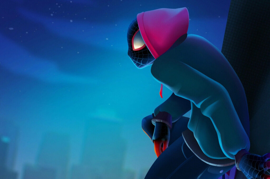 Guardian of the City: Miles Morales Soars Above a Luminous Night Sky in Spider-Man: Into the Spider-Verse Wallpaper