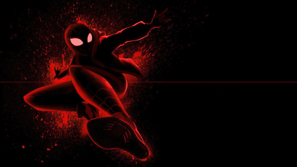 Miles Morales Spider-Man swinging in iconic Spider-Verse suit on red and black backdrop - dynamic wallpaper image.