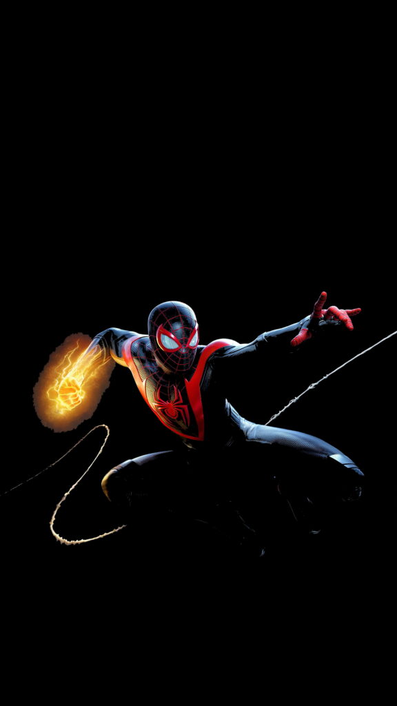 Miles Morales Spider-Man in glowing suit strikes dynamic pose against black background, HD wallpaper