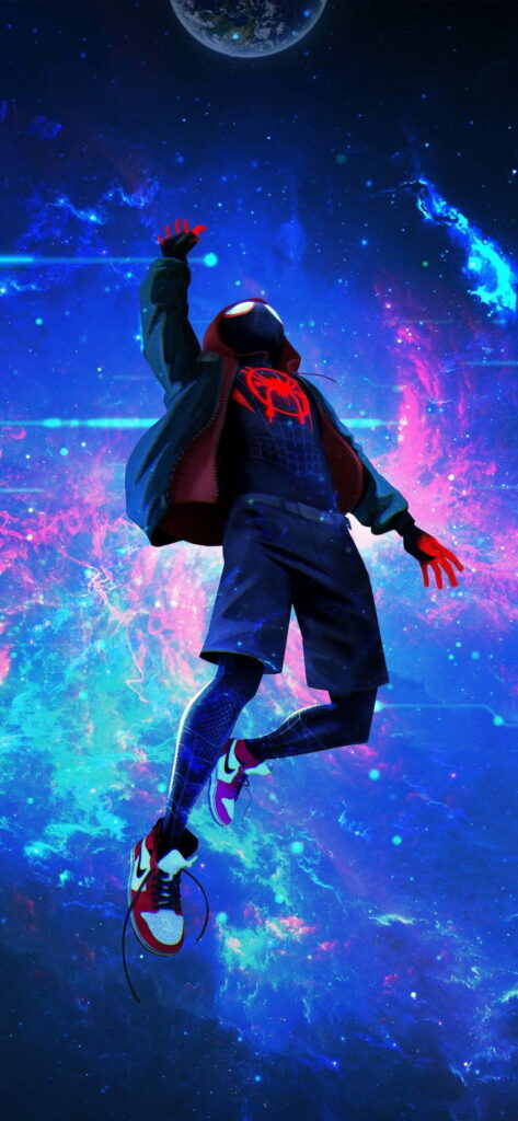 Miles Morales as Spider-Man leaping in vibrant cosmic background HD phone wallpaper energy