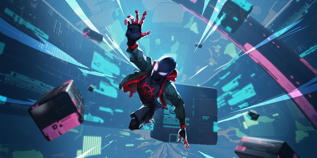 Miles Morales Spider-Man Leaping on Blue Cityscape Background Wallpaper