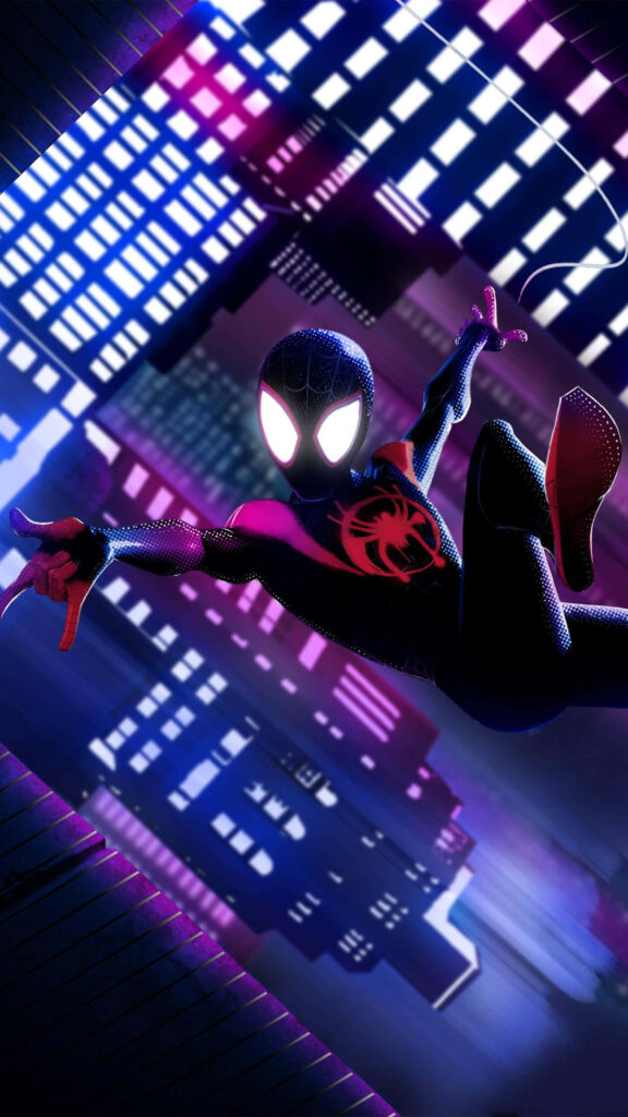 Web-Swinger Miles Morales Dives into an Upside-Down Metropolis: Captivating Spider-Man Into the Spider-Verse Wallpaper for iPhone