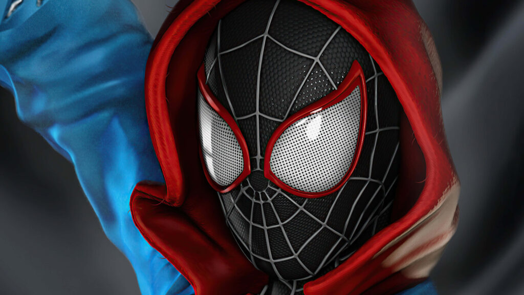 Dynamic Miles Morales Spider-Man Wallpaper - Black and Red Mask with Spider Web Pattern