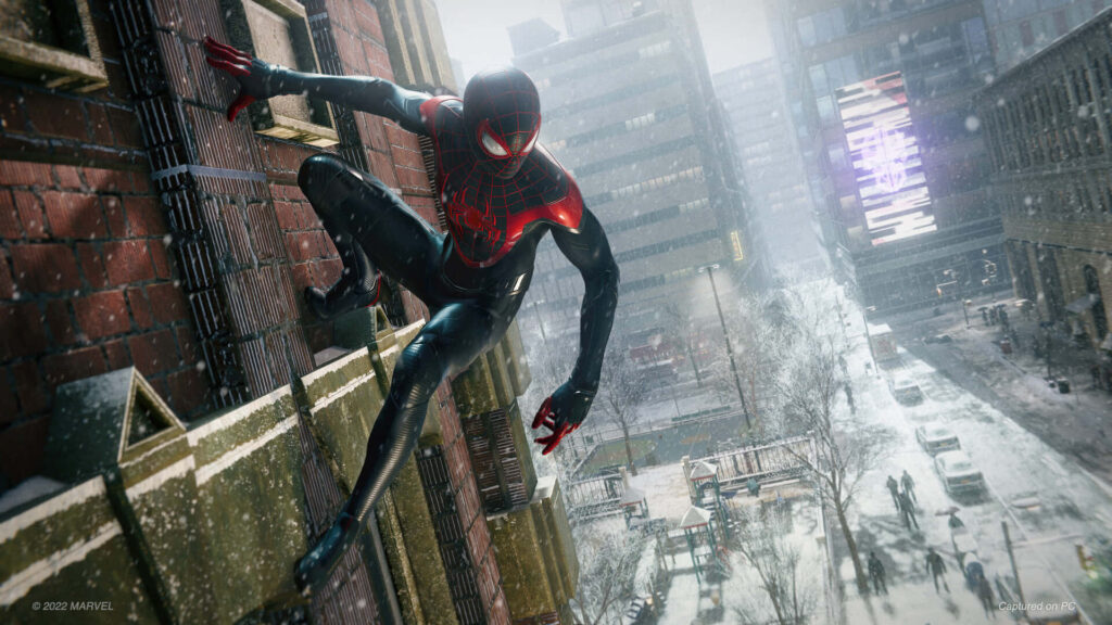 The Spectacular Leap: Miles Morales, the Heroic Guardian, Soars Through the Skies, Prepared to Battle Malevolence Wallpaper
