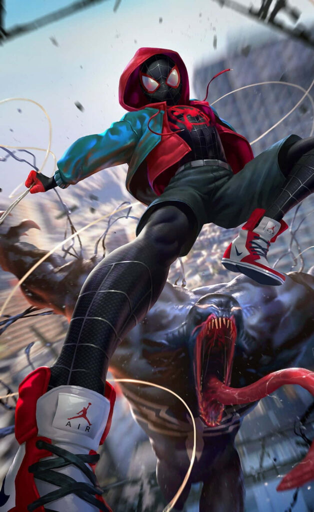 Epic Clash of Versions: Miles Morales Embraces the Venom Within, Battling Spider-Man in Blurry Marvel Faceoff Wallpaper