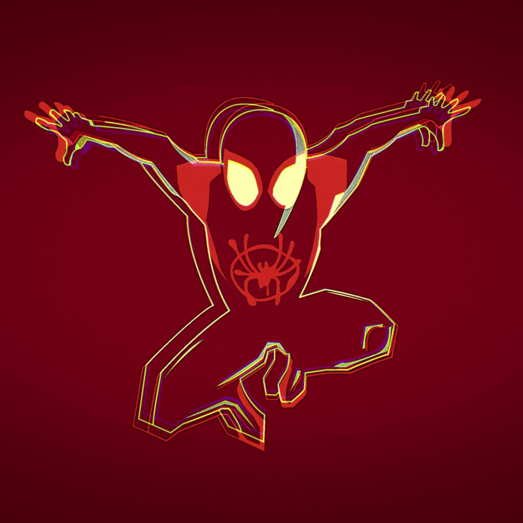 Neon Glitch: The Adorable Digital Illustration of Miles Morales from Spider-Man Into The Spider-Verse on a Vibrant Red Canvas Wallpaper