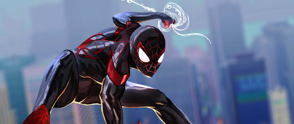 Dynamic Action Pose of Miles Morales as Spider-Man with City Skyline Background - Electrifying Superhero Wallpaper