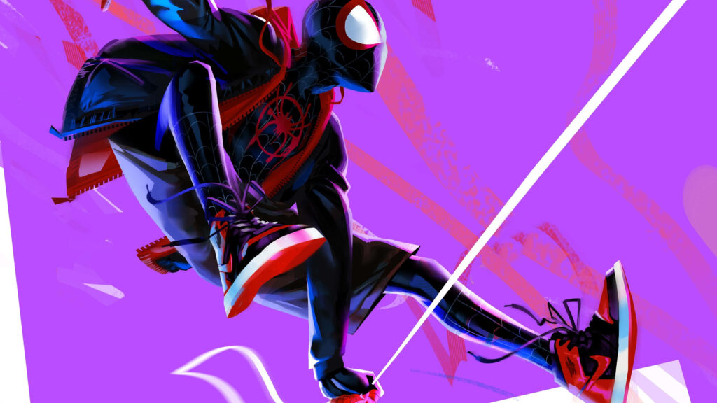 Miles Morales Spider-Man Wallpaper: Vibrant Heroic Pose on Purple Background