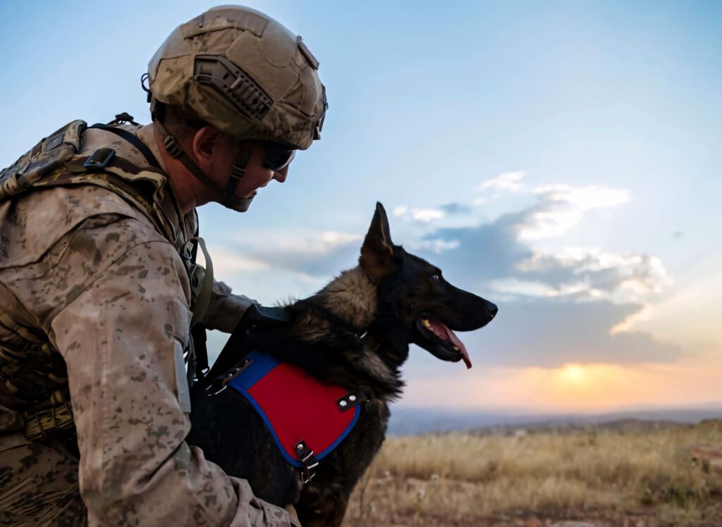 Military handler and service dog watch sunset in open field showing strong bond and dedication Wallpaper