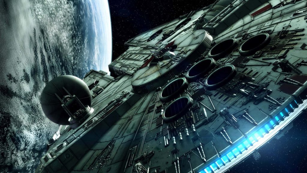 Millennium Falcon 3D render orbiting planet with glowing engines cinematic Star Wars wallpaper