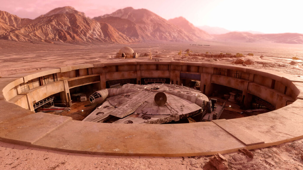 Millennium Falcon Wallpaper: Tatooine Desert Scene with Rugged Mountains
