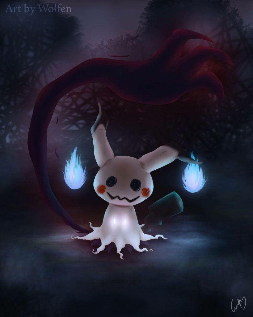Eerie Forest Encounter: Playful Mimikyu Bathed in Mysterious Blue Flames Wallpaper
