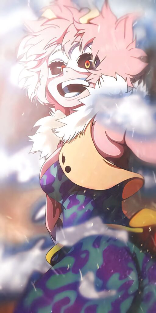 Mina Ashido with bright pink hair and cheerful smile in dynamic swirling cloud wallpaper background