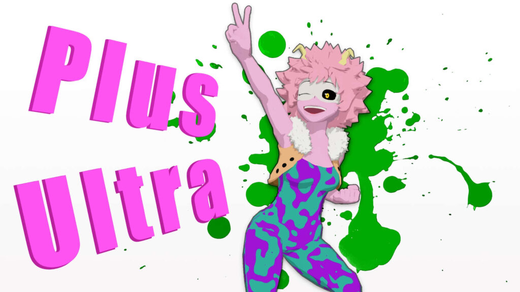 Mina Ashido from My Hero Academia vibrant wallpaper dynamic pose peace sign Plus Ultra text