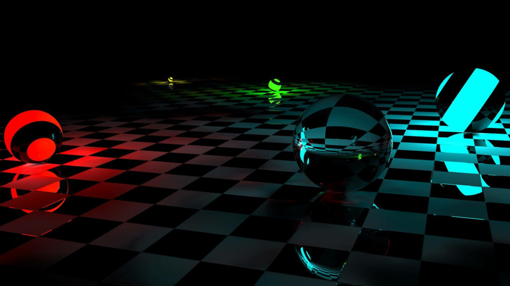 Mesmerizing 3D Spheres Mirage on Checkered Floor: A Captivating HD Wallpaper