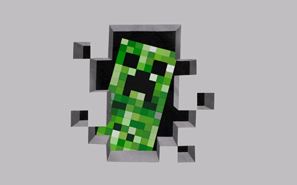 Minecraft Creeper face 3D effect bursting through pixelated hole on light gray background wallpaper
