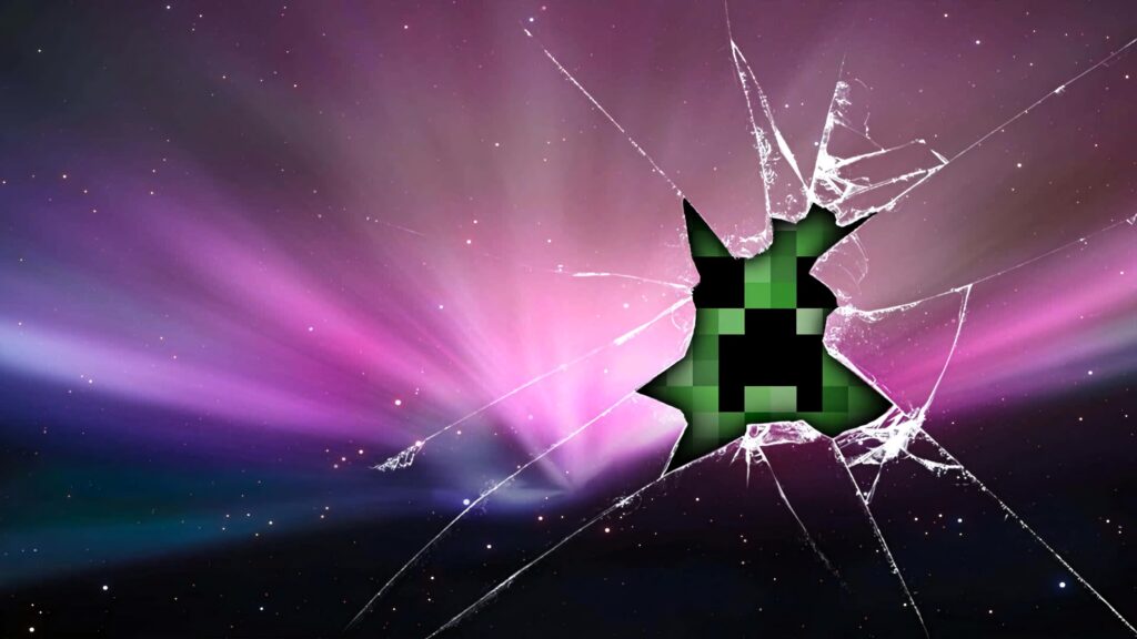 Pixelated Minecraft Creeper face breaking shattered glass cosmic background pink purple hues Wallpaper