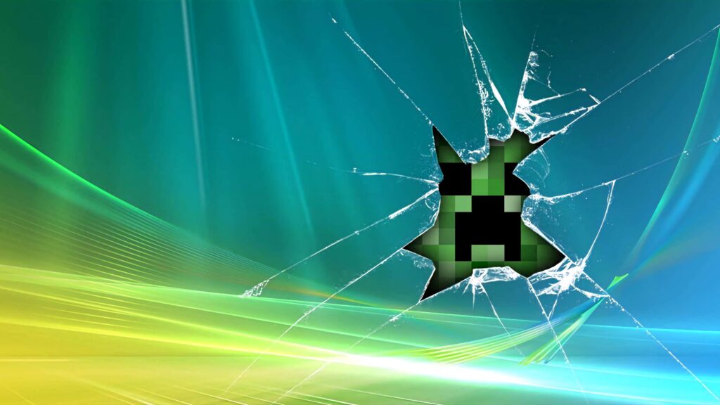 Minecraft Creeper face breaking glass digital teal yellow green pixel art wallpaper background