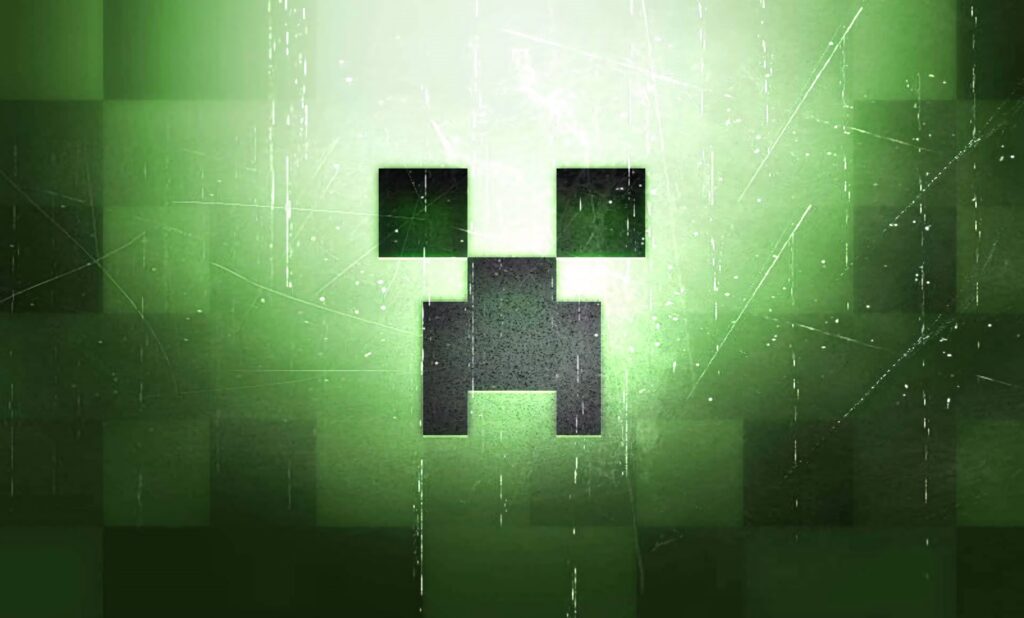 Minecraft Creeper face on pixelated green grunge background iconic blocky game wallpaper