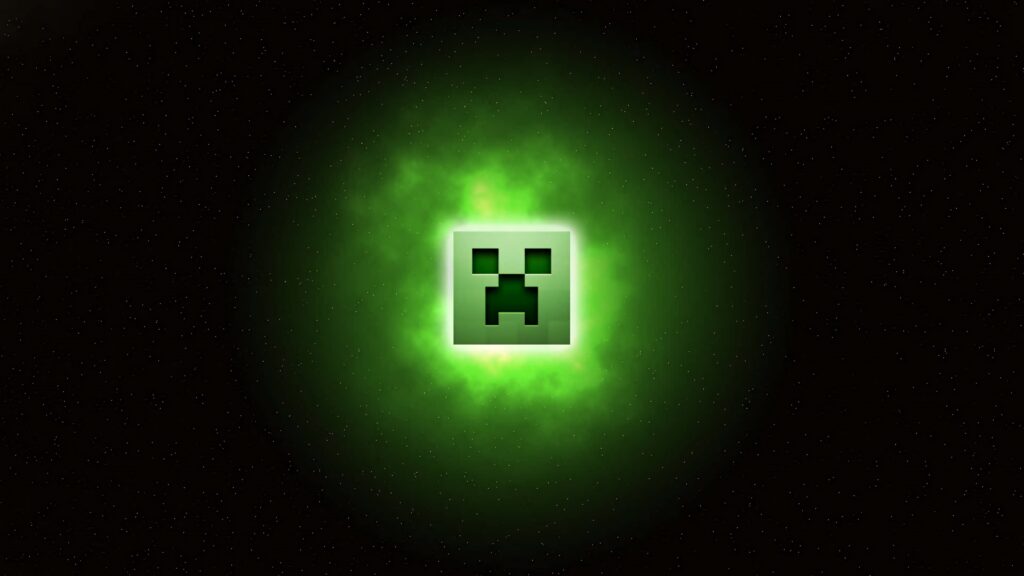 Minecraft Creeper face glowing green on dark starry background minimalist gaming wallpaper