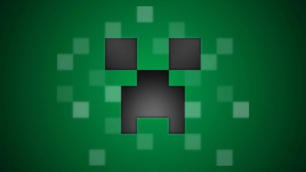 Minecraft Creeper pixel art wallpaper with bold black face on green blocky background