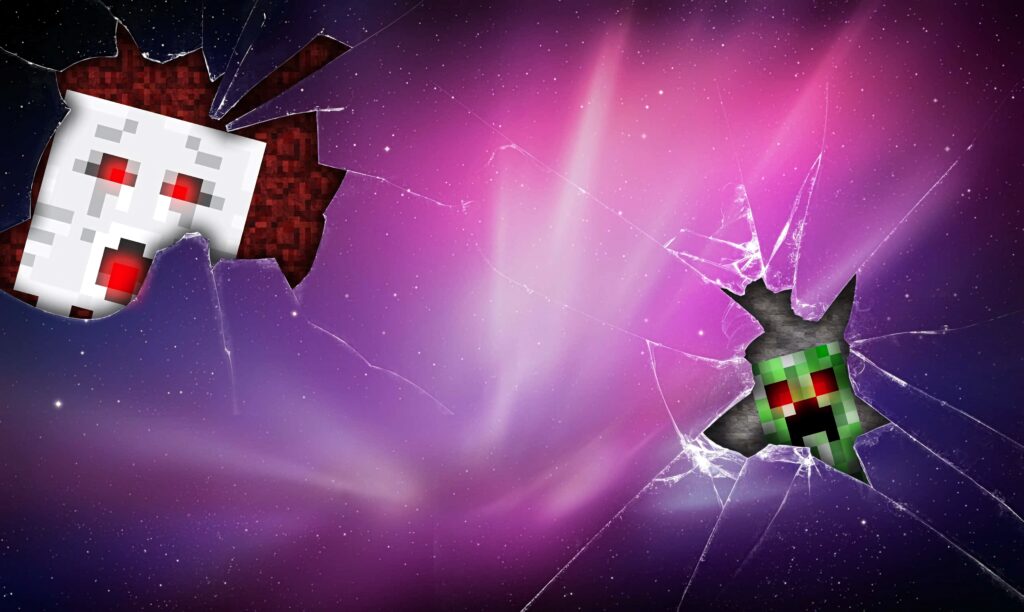 Minecraft Creeper face and pixelated skull behind shattered glass on cosmic purple pink background Wallpaper