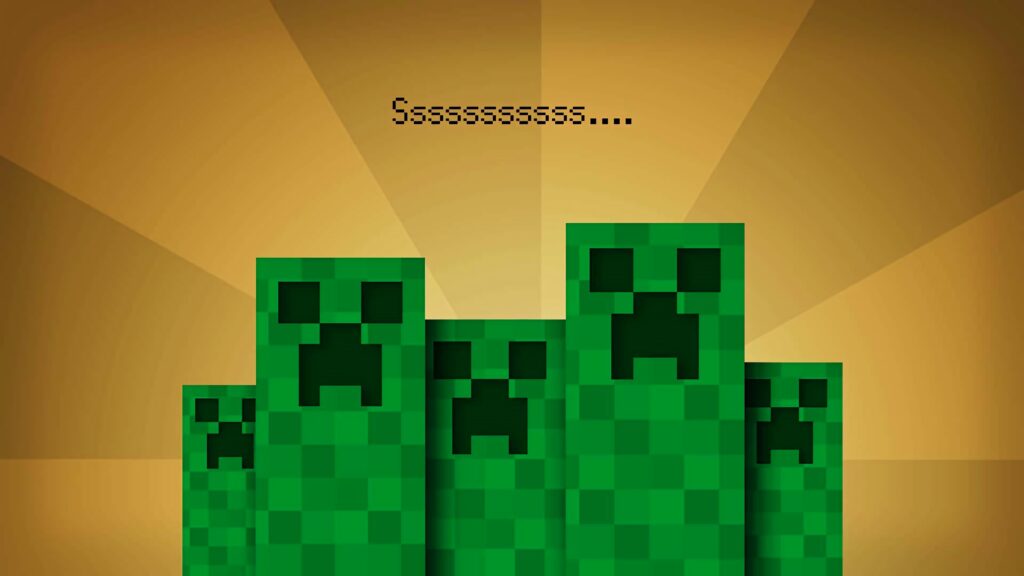 Group of green Minecraft Creepers on pixelated yellow background with Sssssssss text above Wallpaper