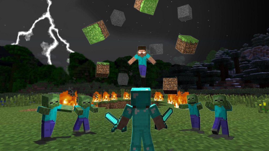 Minecraft wallpaper full diamond armor player fights zombies stormy night Herobrine lightning fire 3D