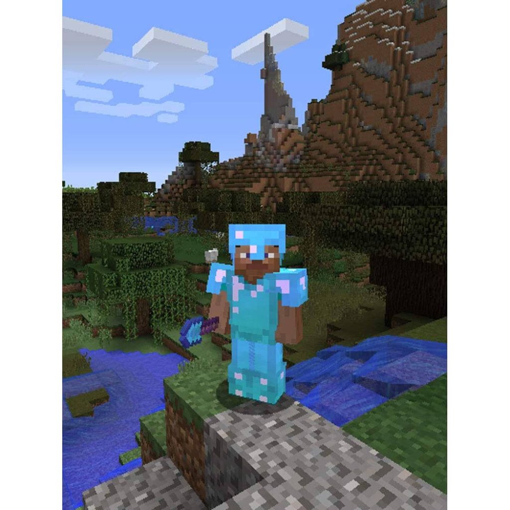 Minecraft player in full diamond armor with pickaxe overlooking blocky forest mountain landscape wallpaper