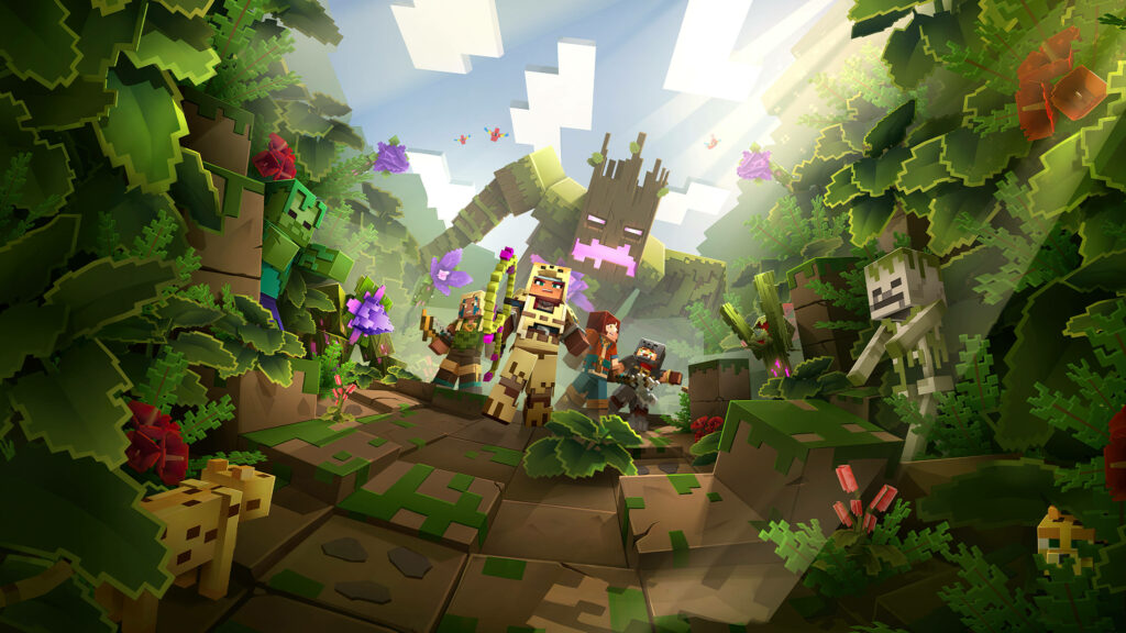 Adventurers of the Lush Jungle: Hedwig, Hex, Valorie, and Hal, Ready to Brave the Minecraft Dungeons Wallpaper
