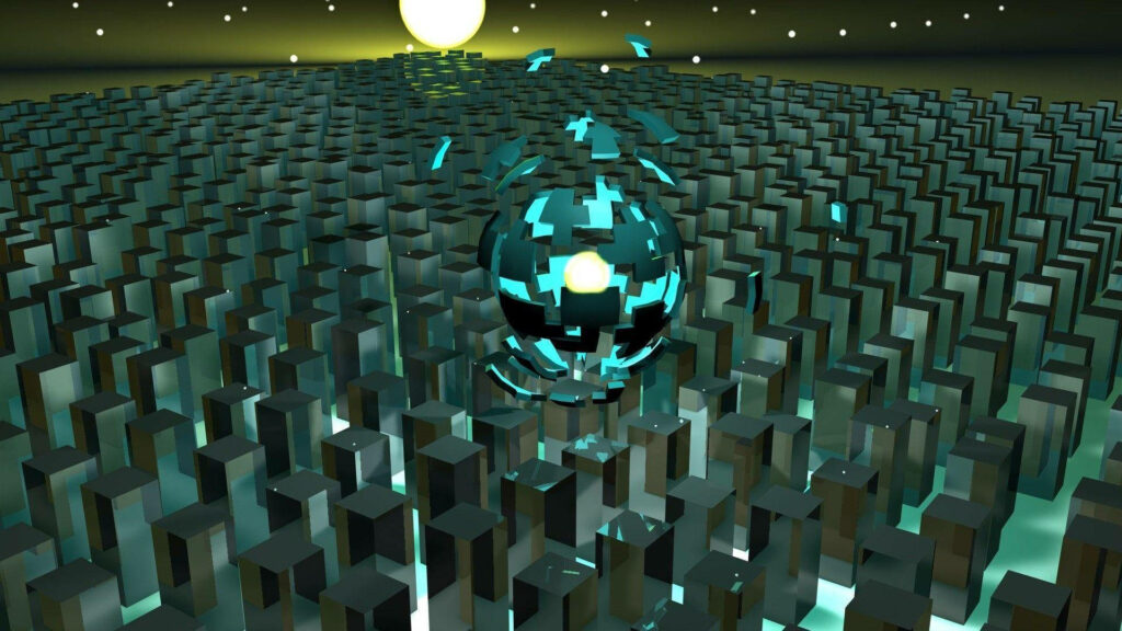 Futuristic 3D artwork with dark geometric pillars and glowing fragmented sphere emitting yellow light Wallpaper
