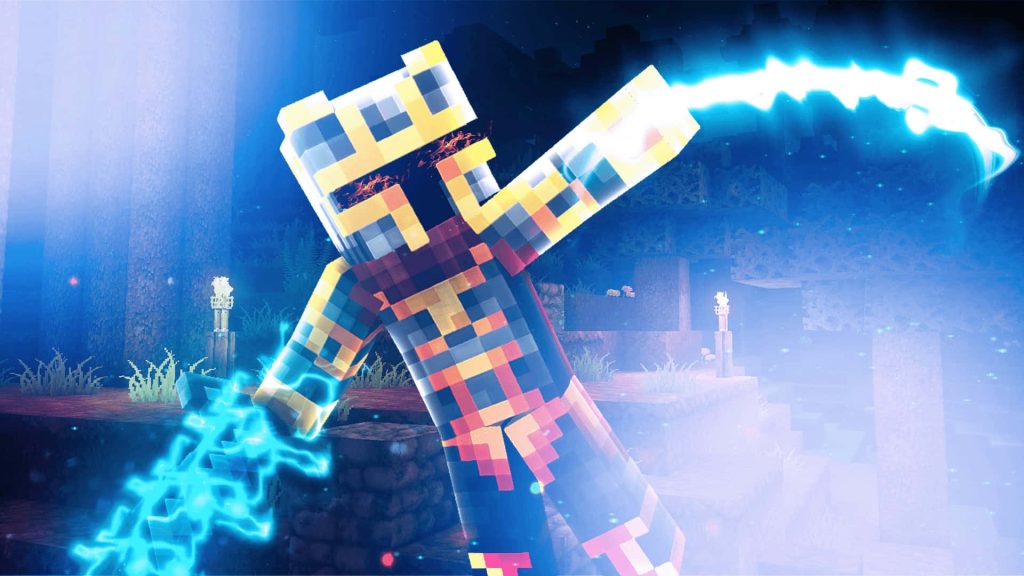 Minecraft GFX wallpaper featuring blocky character with glowing blue energy sword in dark scene