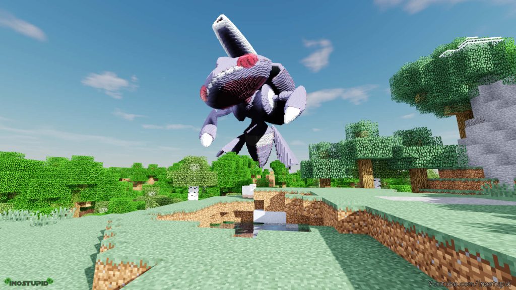 Minecraft wallpaper featuring a giant 3D pixel art Genesect over sunny voxel terrain background