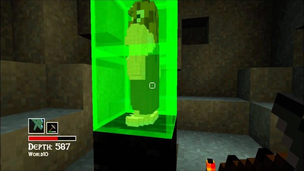 Minecraft horror mod wallpaper dark cavern neon green containment bubble with HUD coordinates