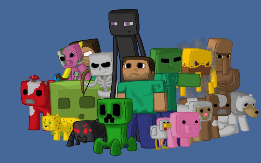 Minecraft characters wallpaper with Steve Creeper Enderman and skeleton vibrant gaming art