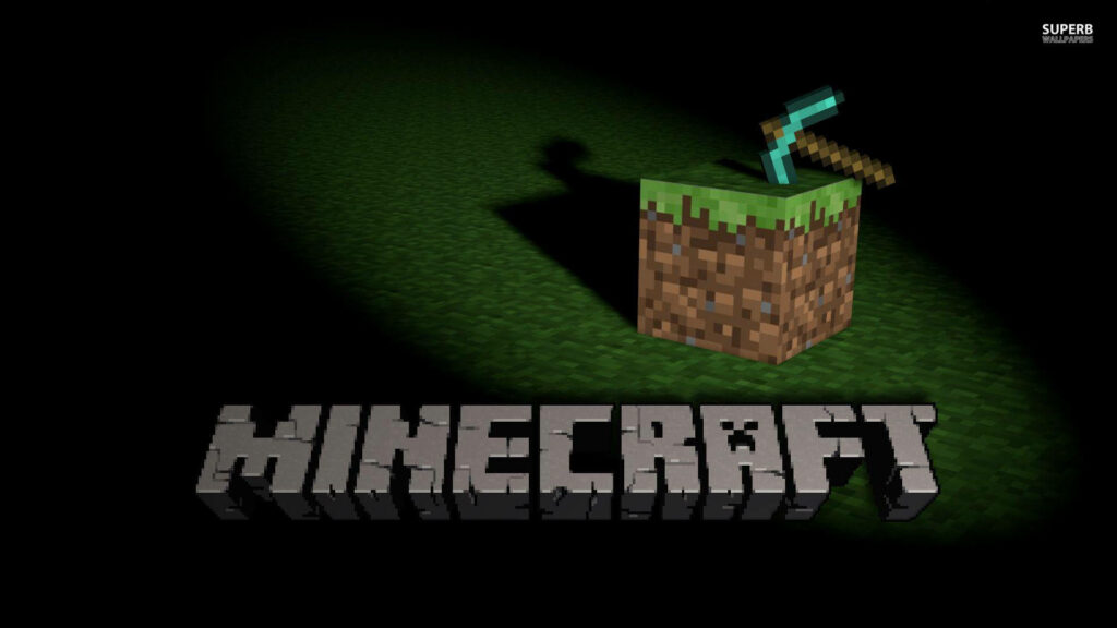Contrasting Worlds: Minecraft Logo embraced by a Dark Game Landscape, with a Pickaxe resting on a Basic Structure amidst Pixelated Green Fields Wallpaper