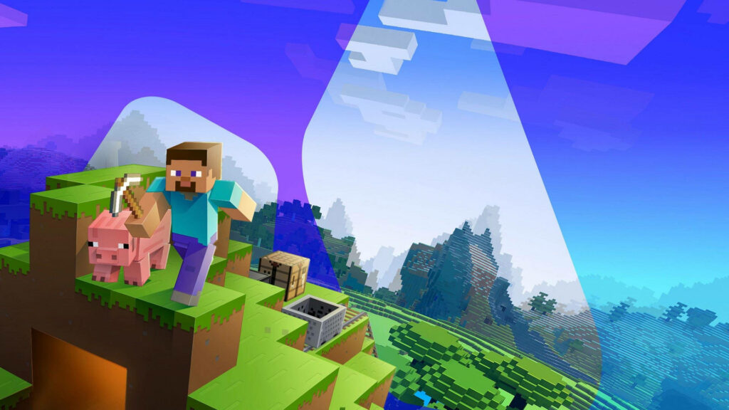 Minecraft Master: Steve and His Pink Pig Companion Conquer the Green Terrain Wallpaper