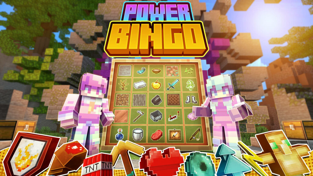 Minecraft Power Bingo wallpaper with armored characters and colorful item bingo board background
