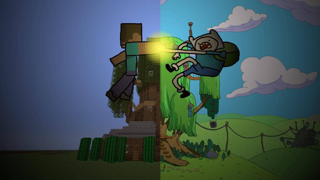 Minecraft and Adventure Time crossover wallpaper Herobrine with glowing eyes meets Finn leaping