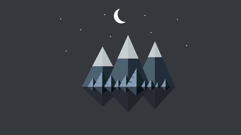 Minimal mountain wallpaper dark flat design snow-capped peaks evergreen trees crescent moon