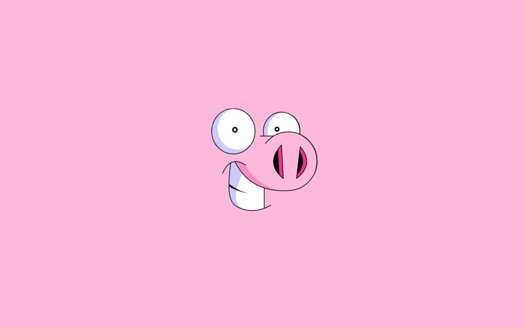 Minimalist cartoon pig smiling on vibrant pink background cheerful HD desktop wallpaper