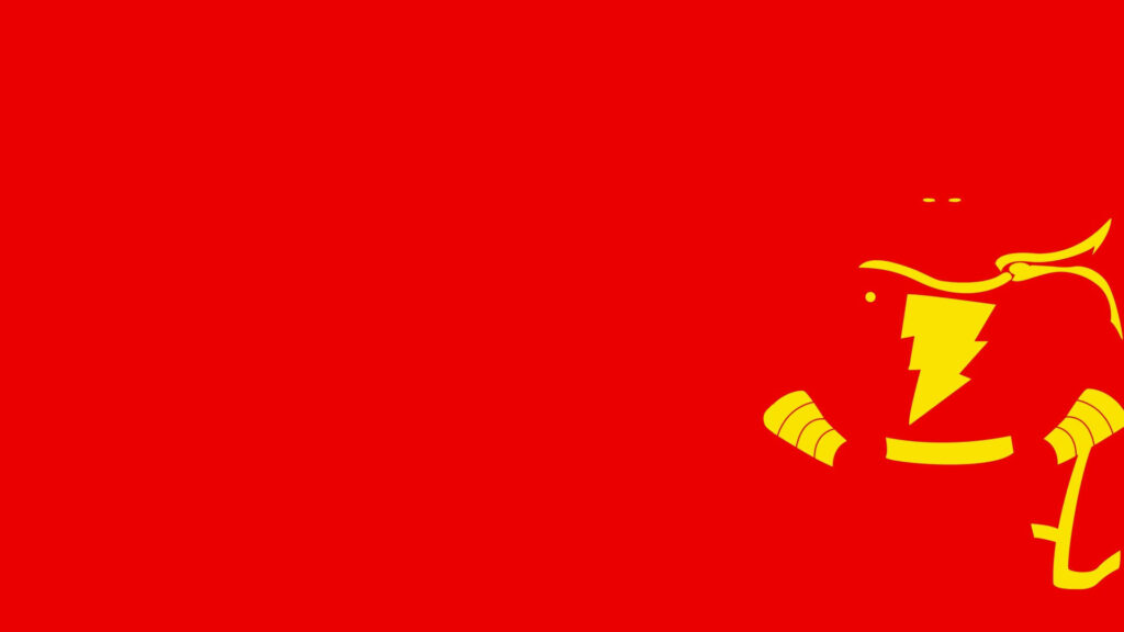 Minimal Shazam wallpaper with red background yellow outline of superhero suit and lightning bolt