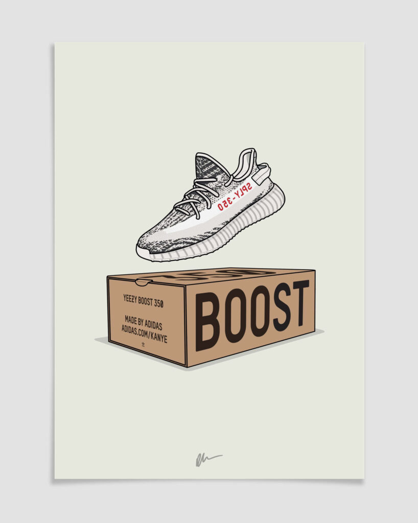 Minimal YEEZY BOOST 350 sneaker illustration floating above signature BOOST box wallpaper
